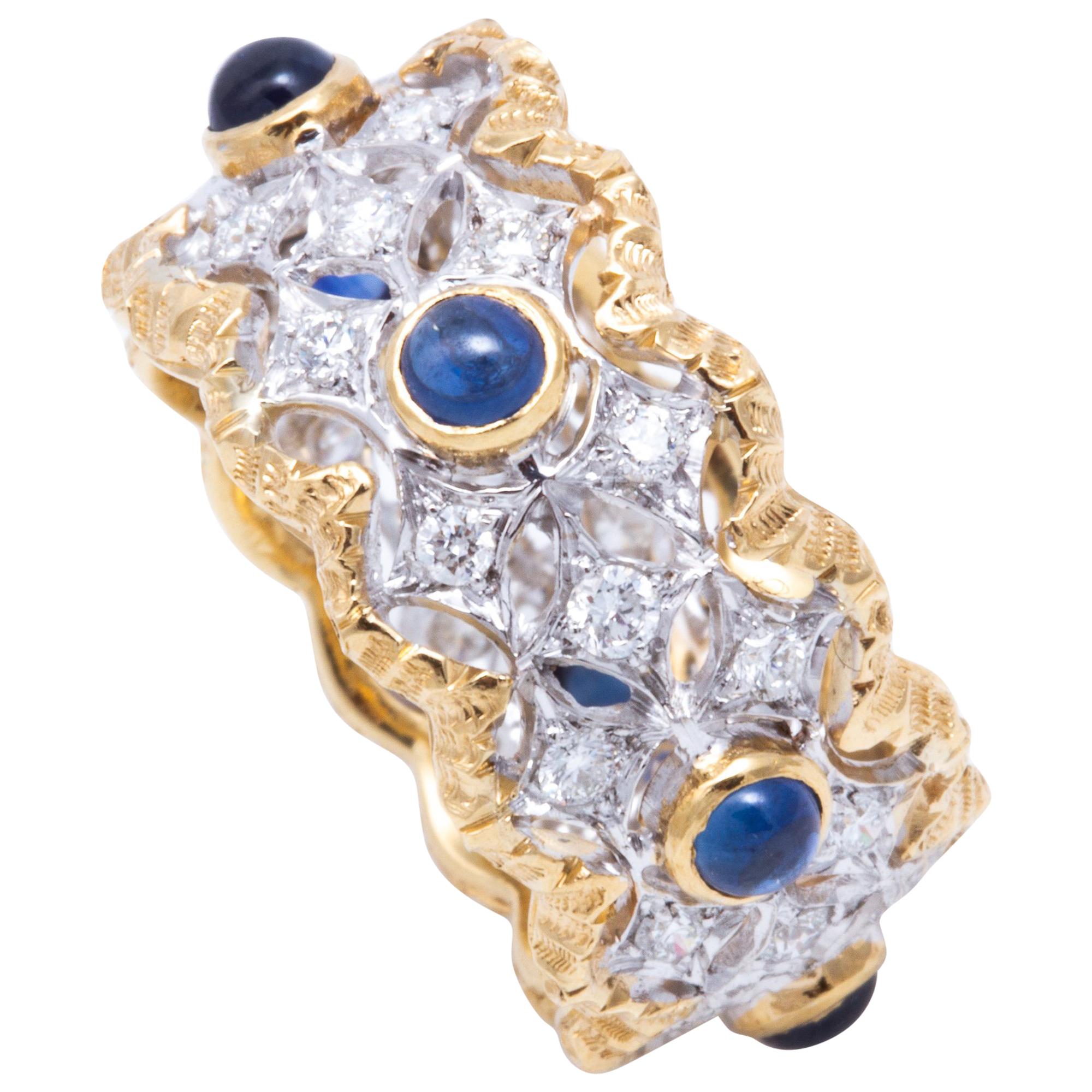 Florentine Engraved Cabochon Sapphire and Diamond Italian Ring For Sale
