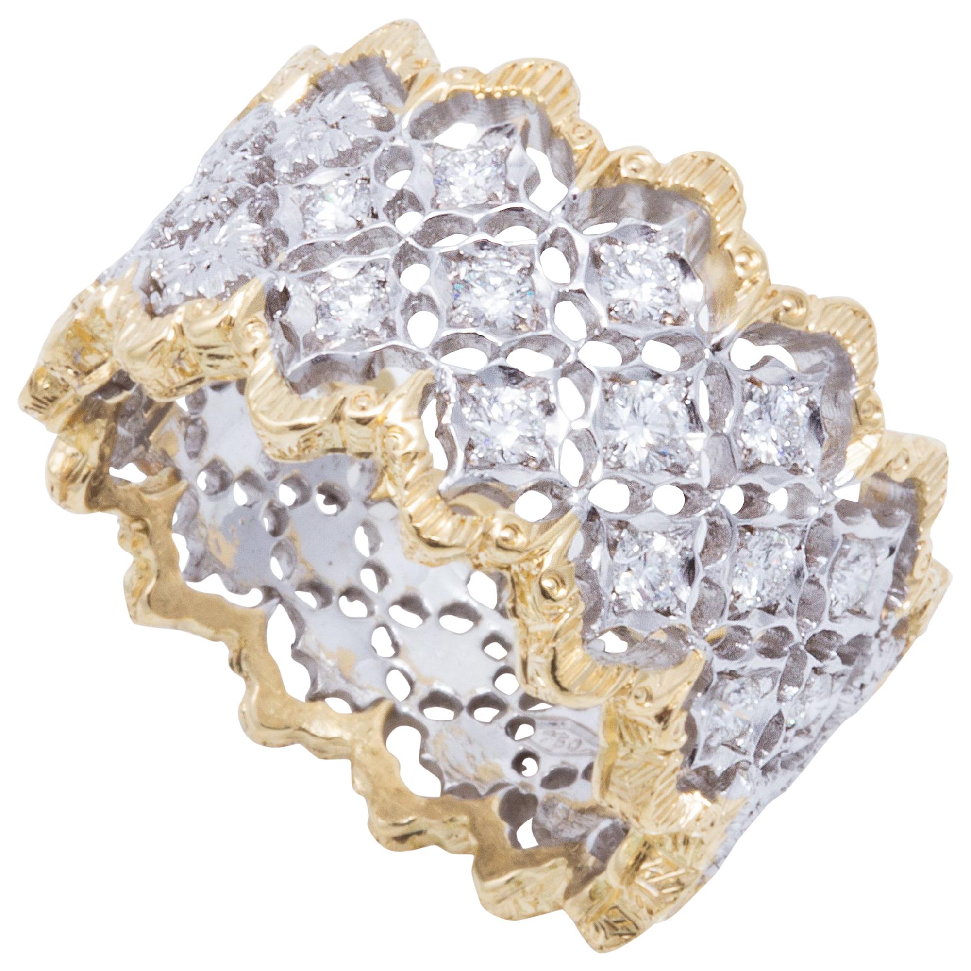 Italian Two-Toned 18 Karat Florentine Engraved Diamond Ring For Sale