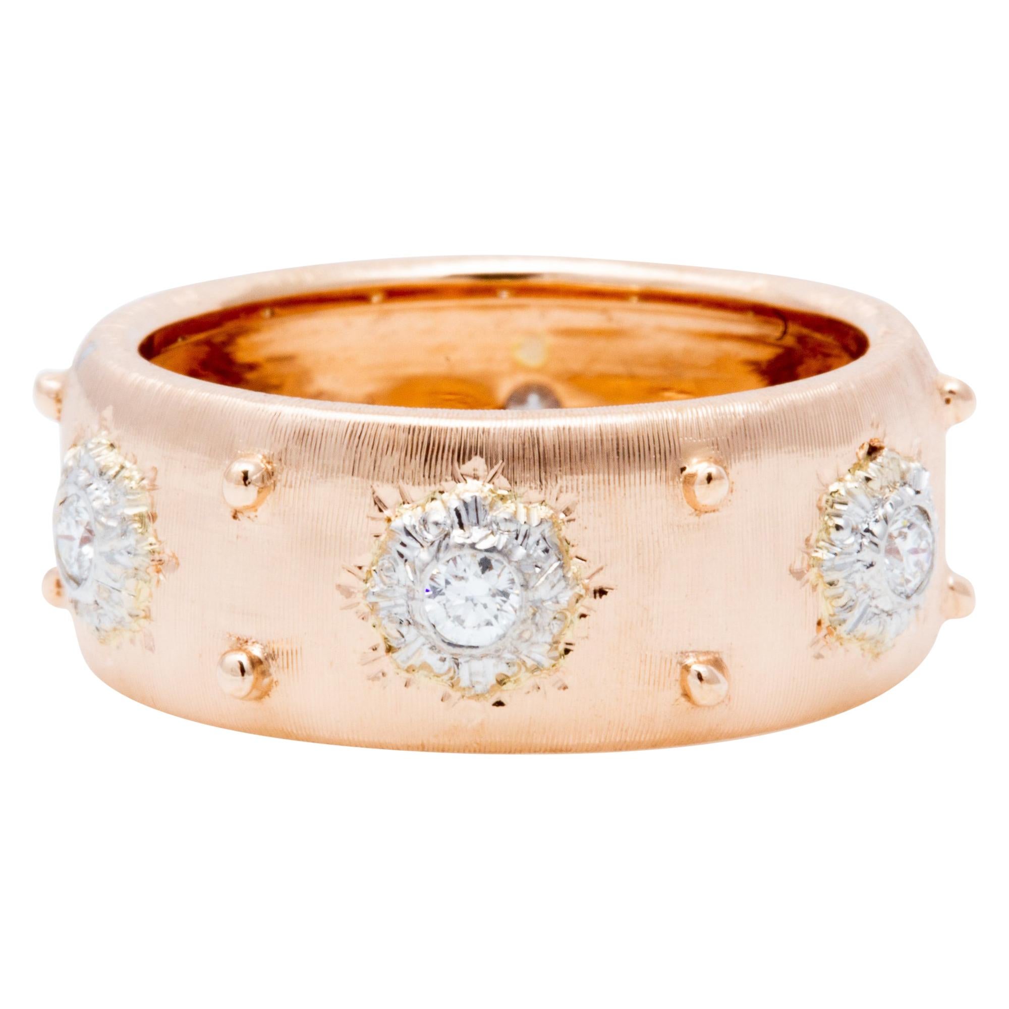 Bague d'éternité italienne florentine gravée en or rose 18 carats et diamants en vente