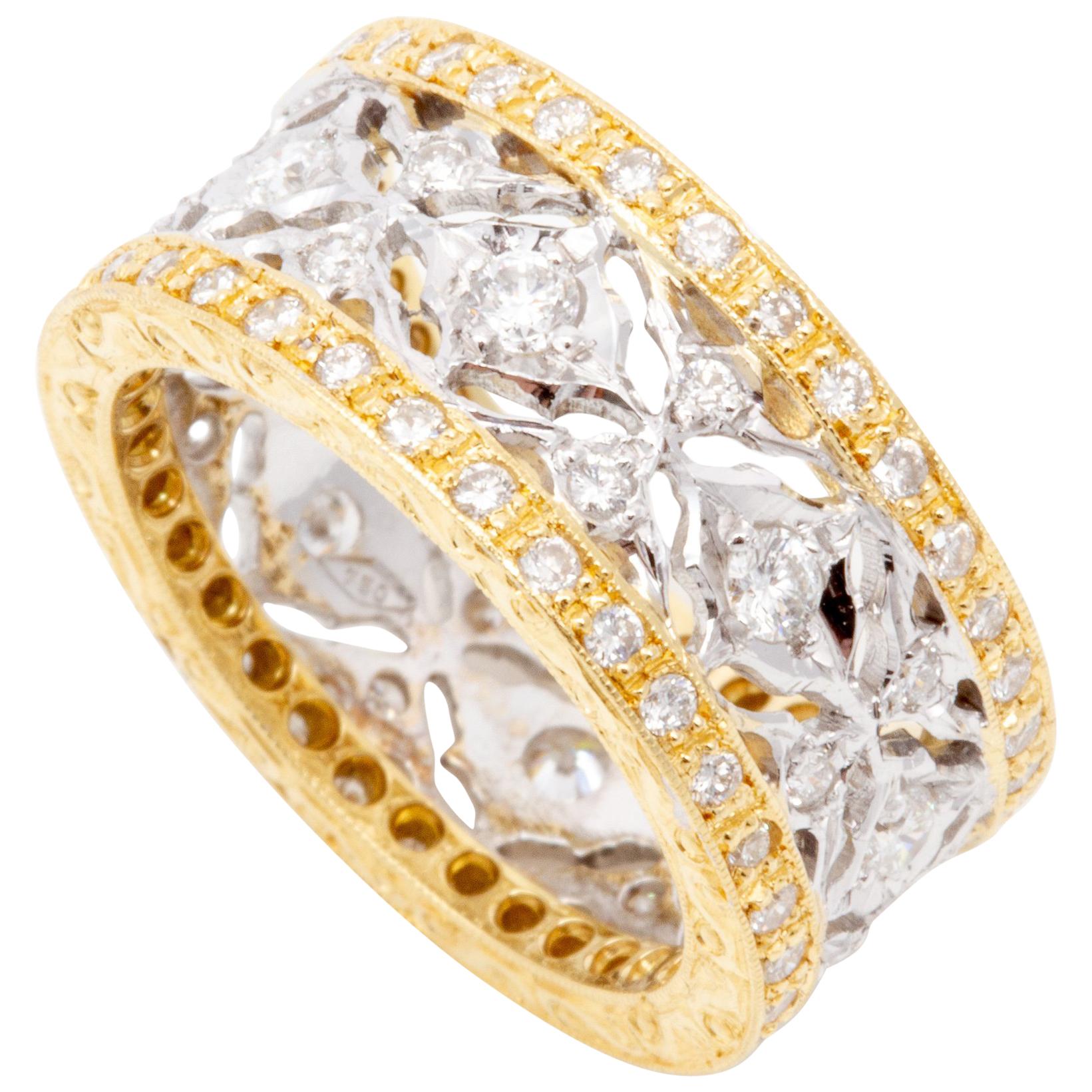 Hand-Engraved Two-Tone 18 Karat Gold and Diamond Ring For Sale