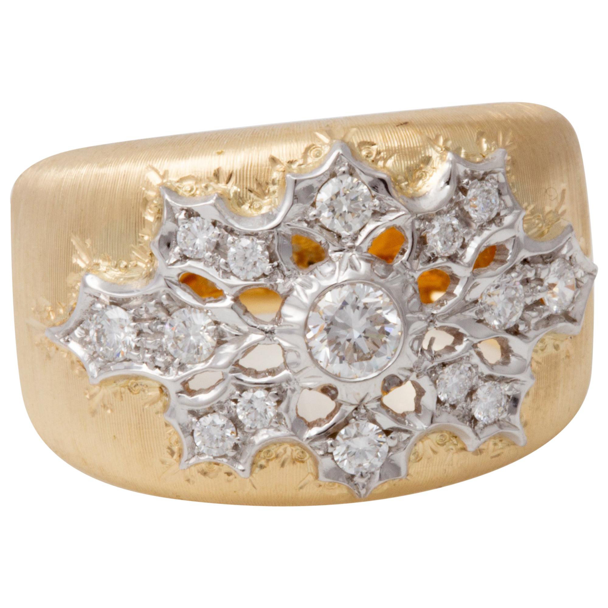 Florentine Engraved Two-Toned 18 Karat Italian Diamond Ring