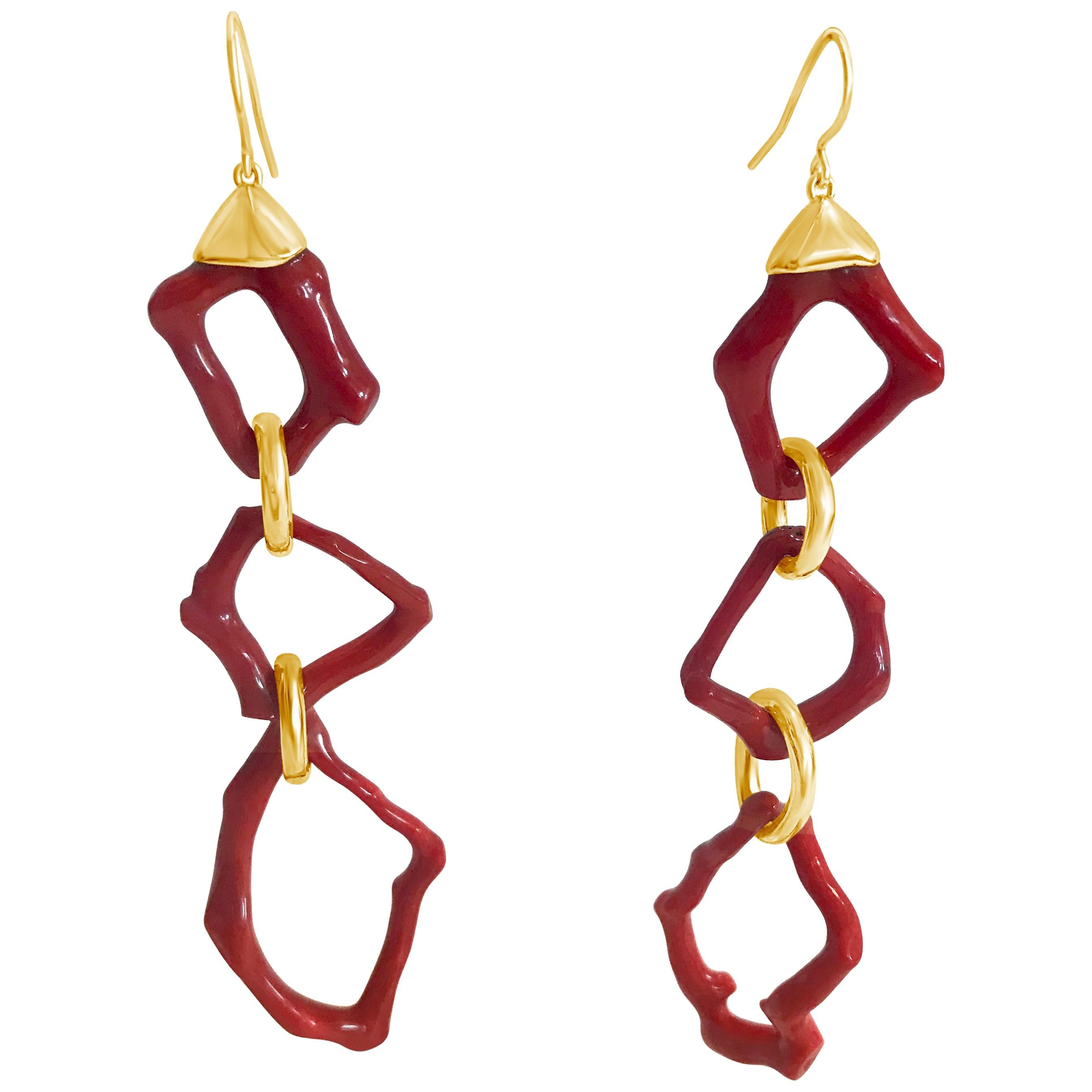 Handmade 18 Karat Yellow Gold and Red Coral Drop Earrings For Sale