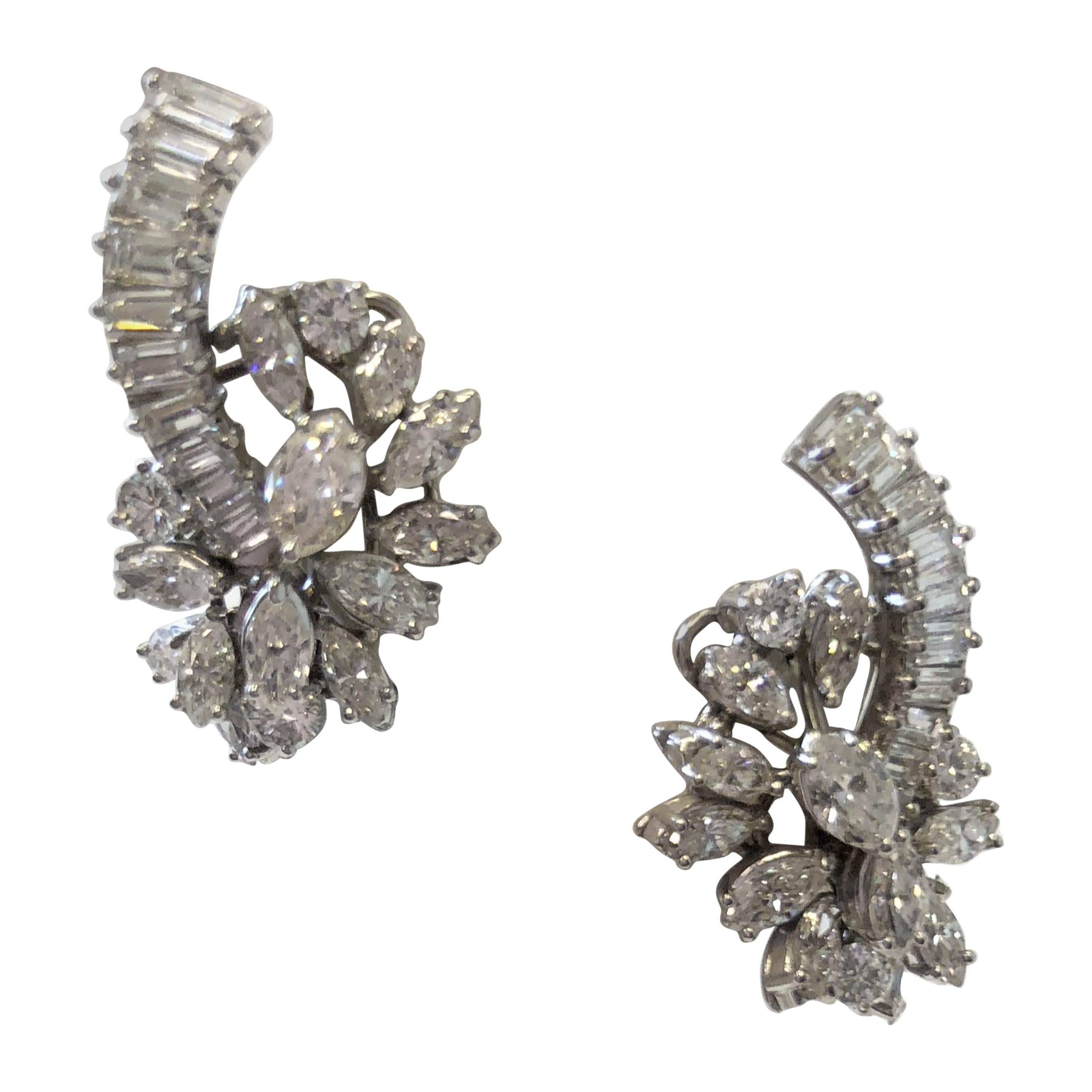 Estate Look White Diamond Marquise, Round, and Baguette Clip Earrings in Plat