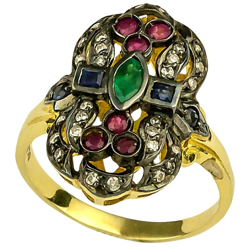 Georgios Collections 18 Karat Gold Diamond Emerald Ruby Ring with Black Rhodium