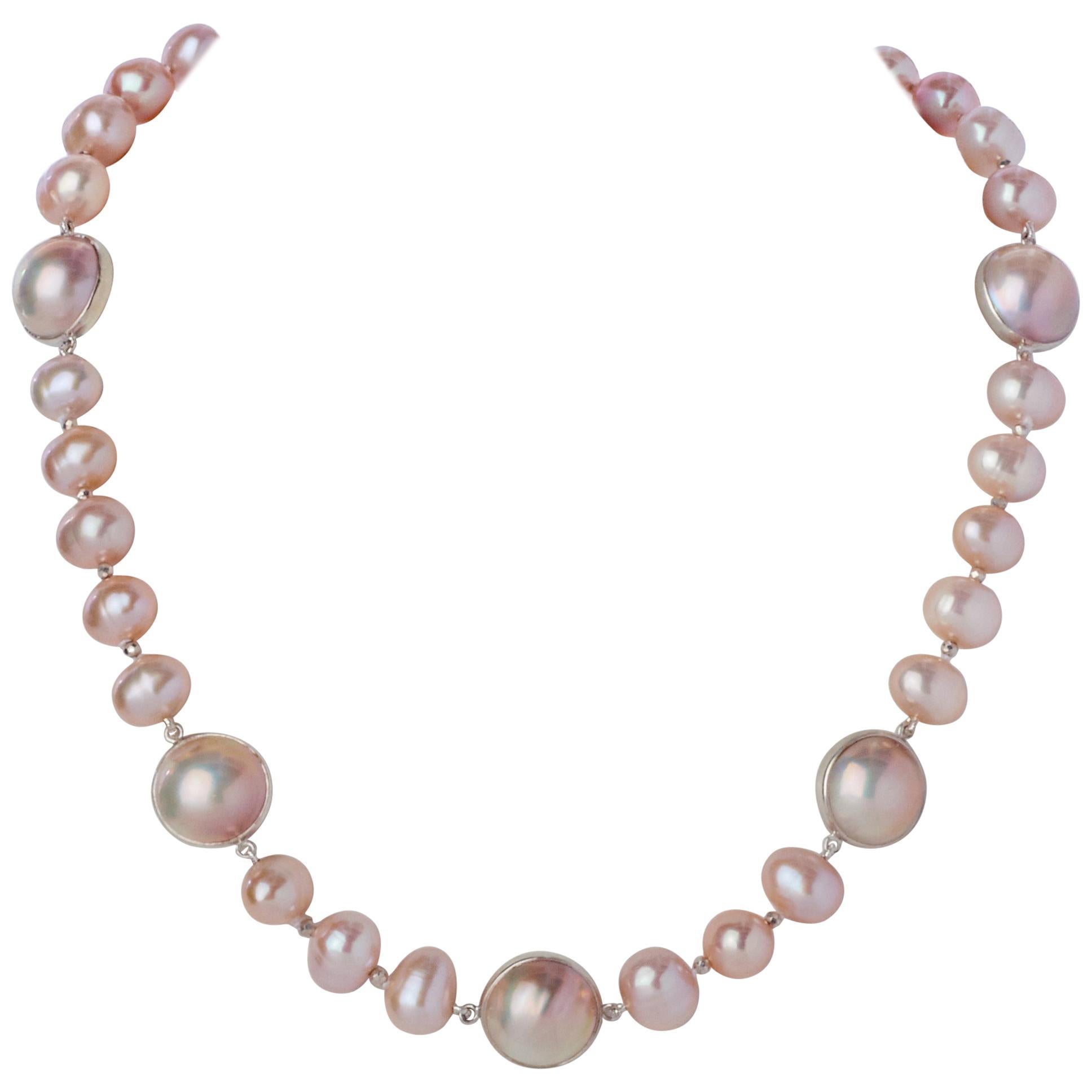 Blush Button and Mabe Pearl Necklace with Sterling Link Clasp For Sale