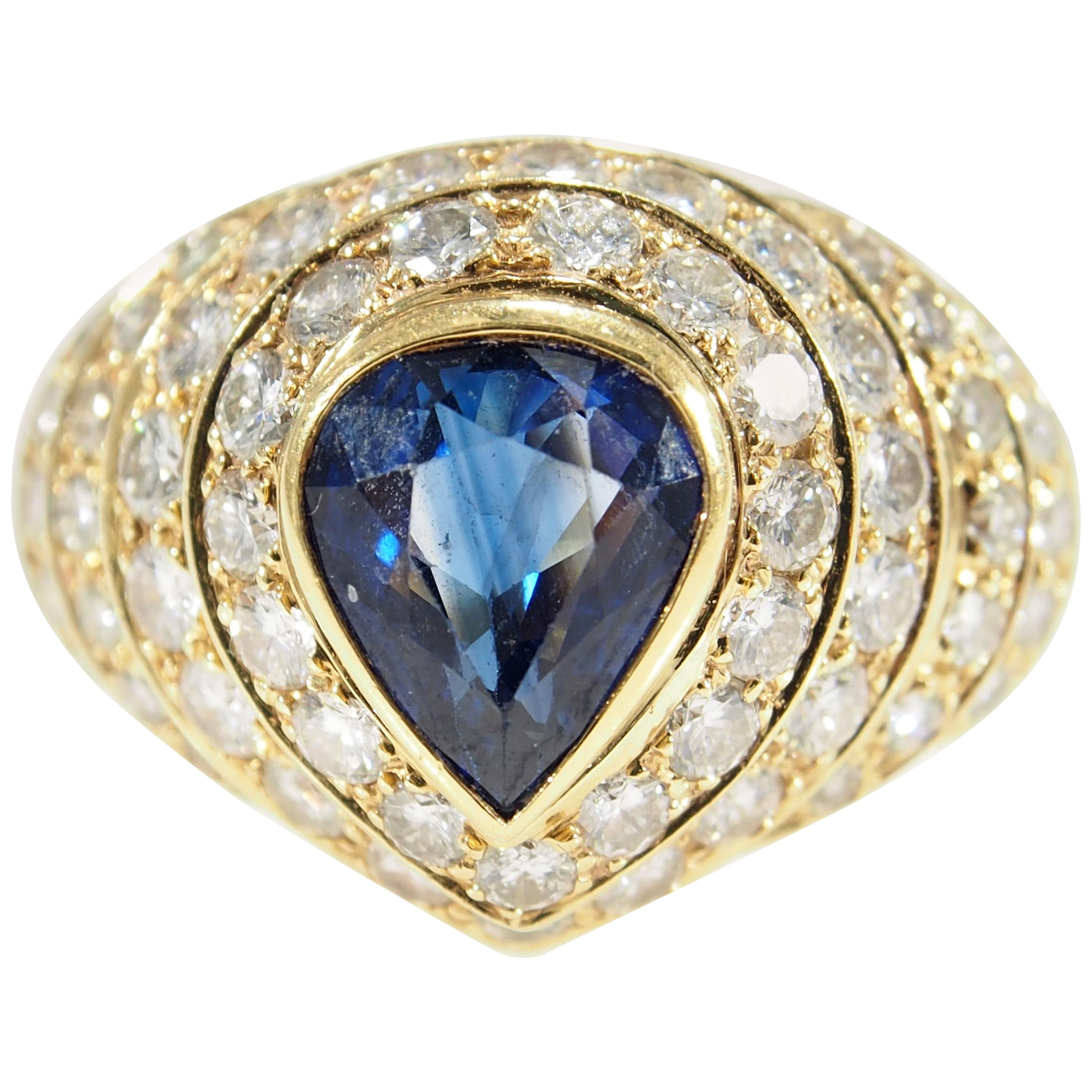 Diamond Sapphire Dome Ring Retro Yellow Gold 18 Karat