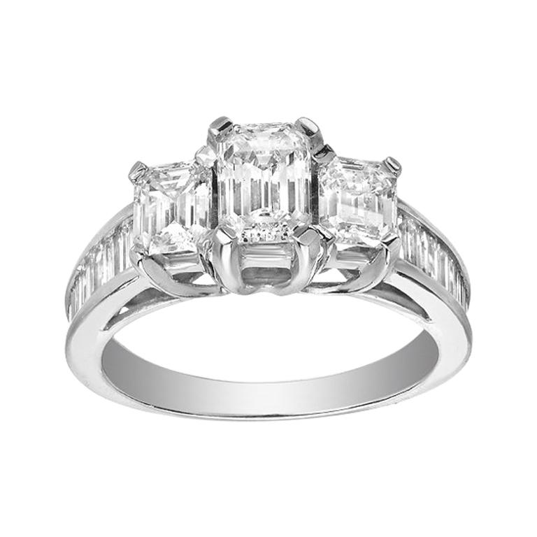 Three-Stone Emerald Cut Diamond Anniversary Gold Engagement Ring For Sale