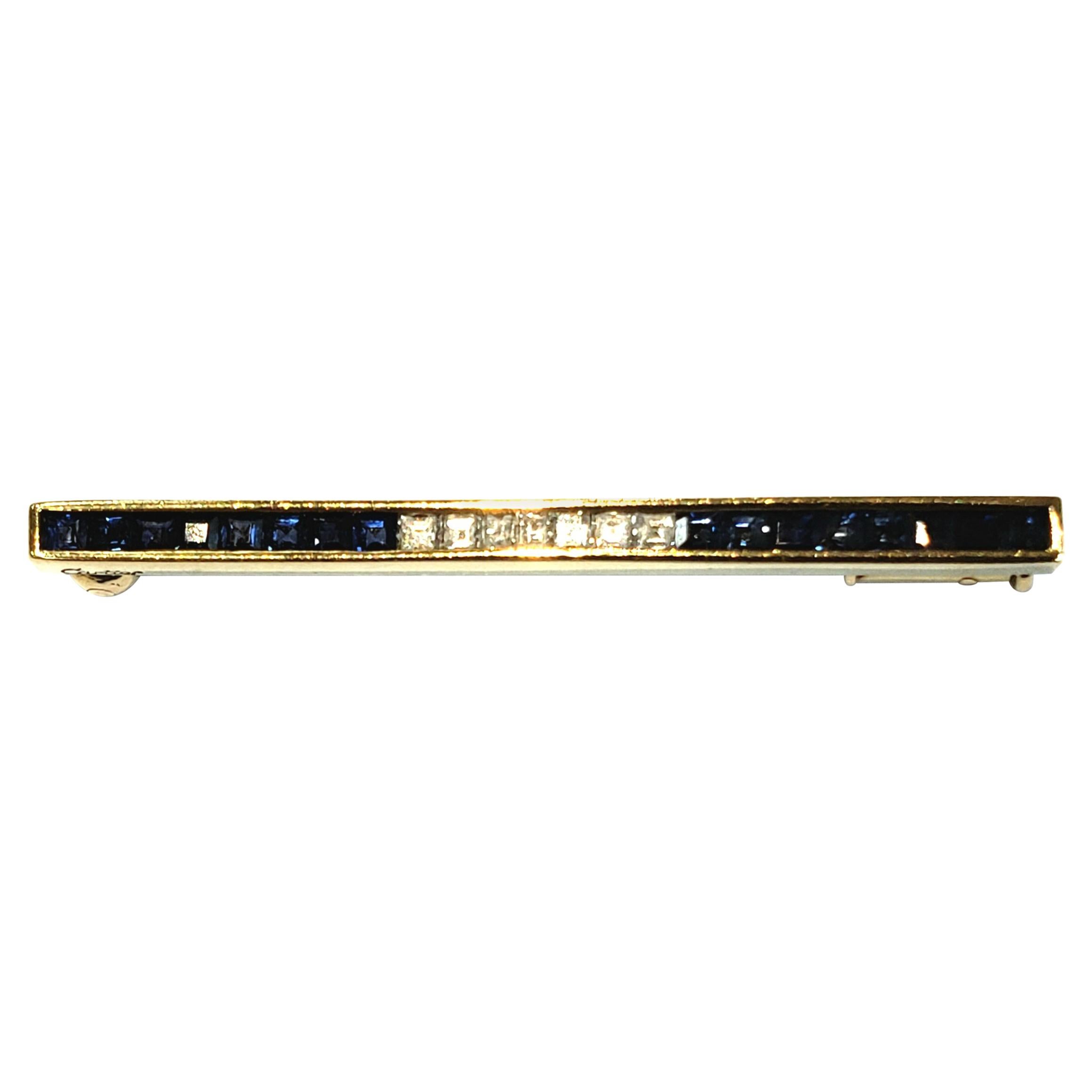 Cartier 18 Karat Yellow Gold, Square Cut Diamond and Sapphire Bar Pin For Sale