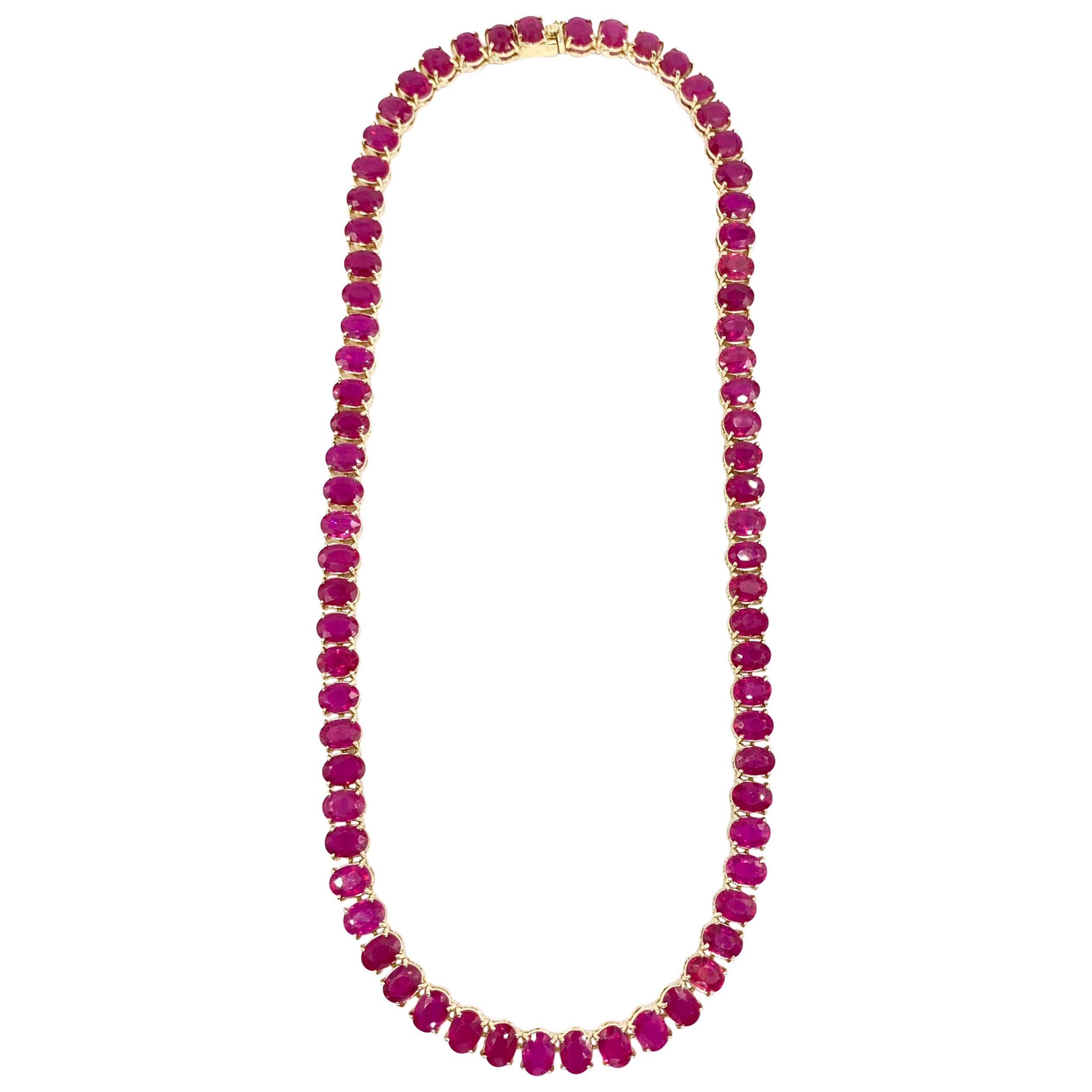 Endless Oval Ruby Necklace in Yellow Gold For Sale