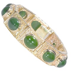 Green Oval Jade Yellow Gold Filigree 14 Karat Bracelet 56.4 Grams