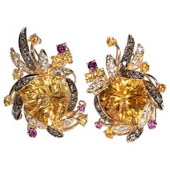 "Levian" Citrine, Garnet, Topaz & Chocolate Diamond Earrings Yellow Gold 14k