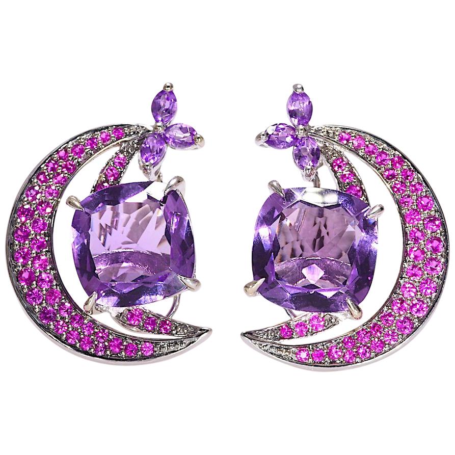 "LeVian" Pink Sapphire and Amethyst Earrings White Gold 14 Karat
