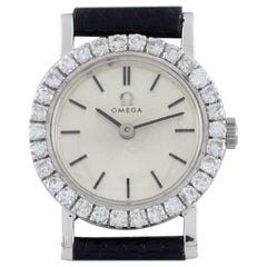 Vintage Omega Women's 18 Karat White Gold Hand-Winding Watch with Diamond Bezel
