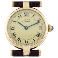 Vintage Must de Cartier Women's Round Vermiel Quartz Watch with Box and Leather Band