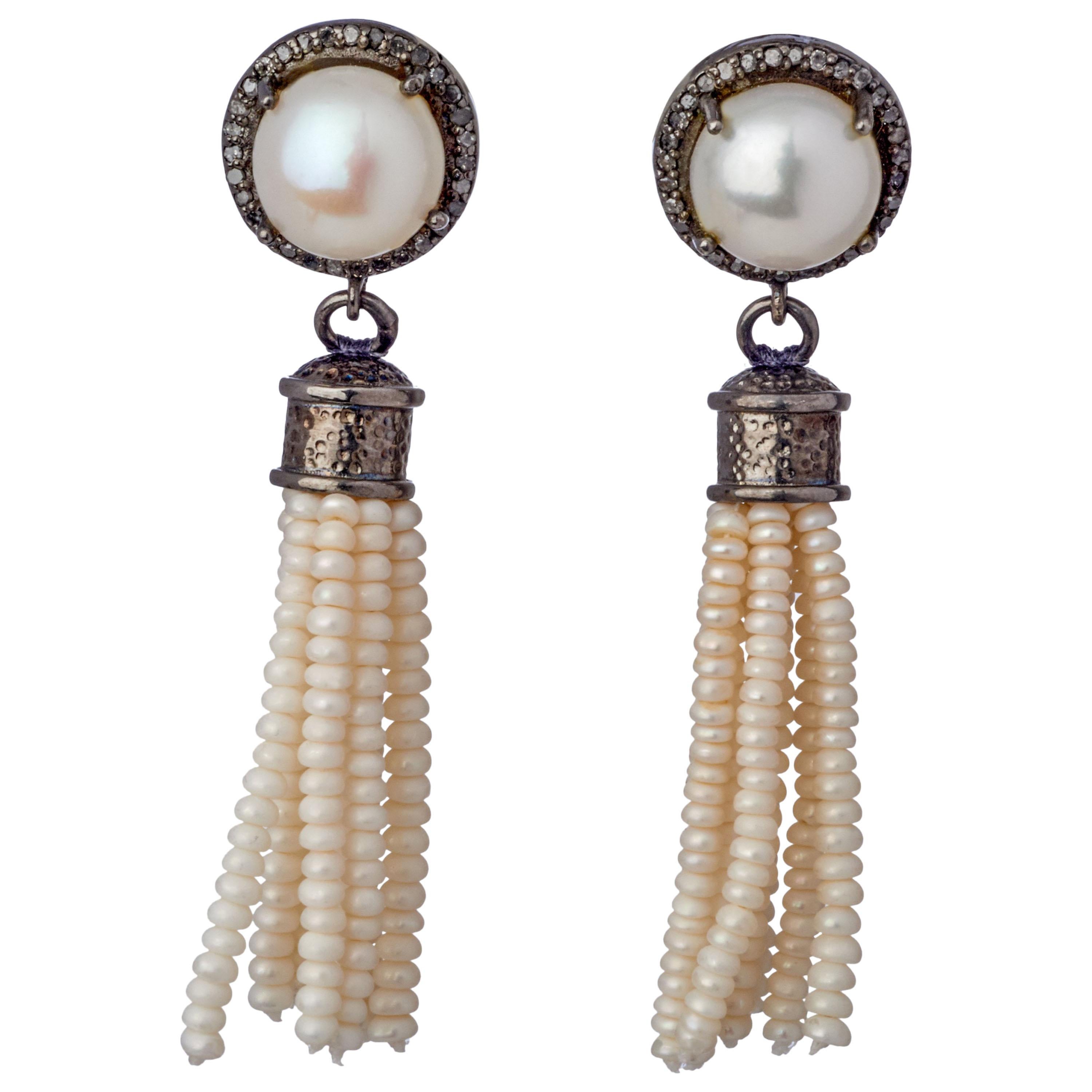 Sterling Silver Tassel Akoya Pearl Drop Earrings 