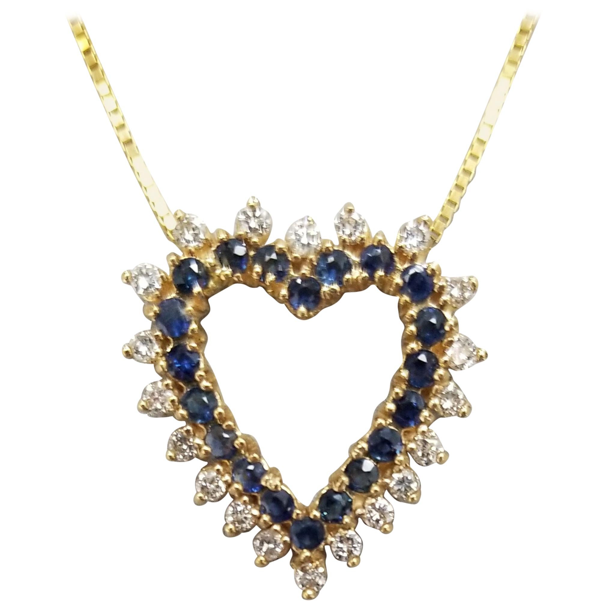 14 Karat Diamond and Sapphire Heart Pendant For Sale