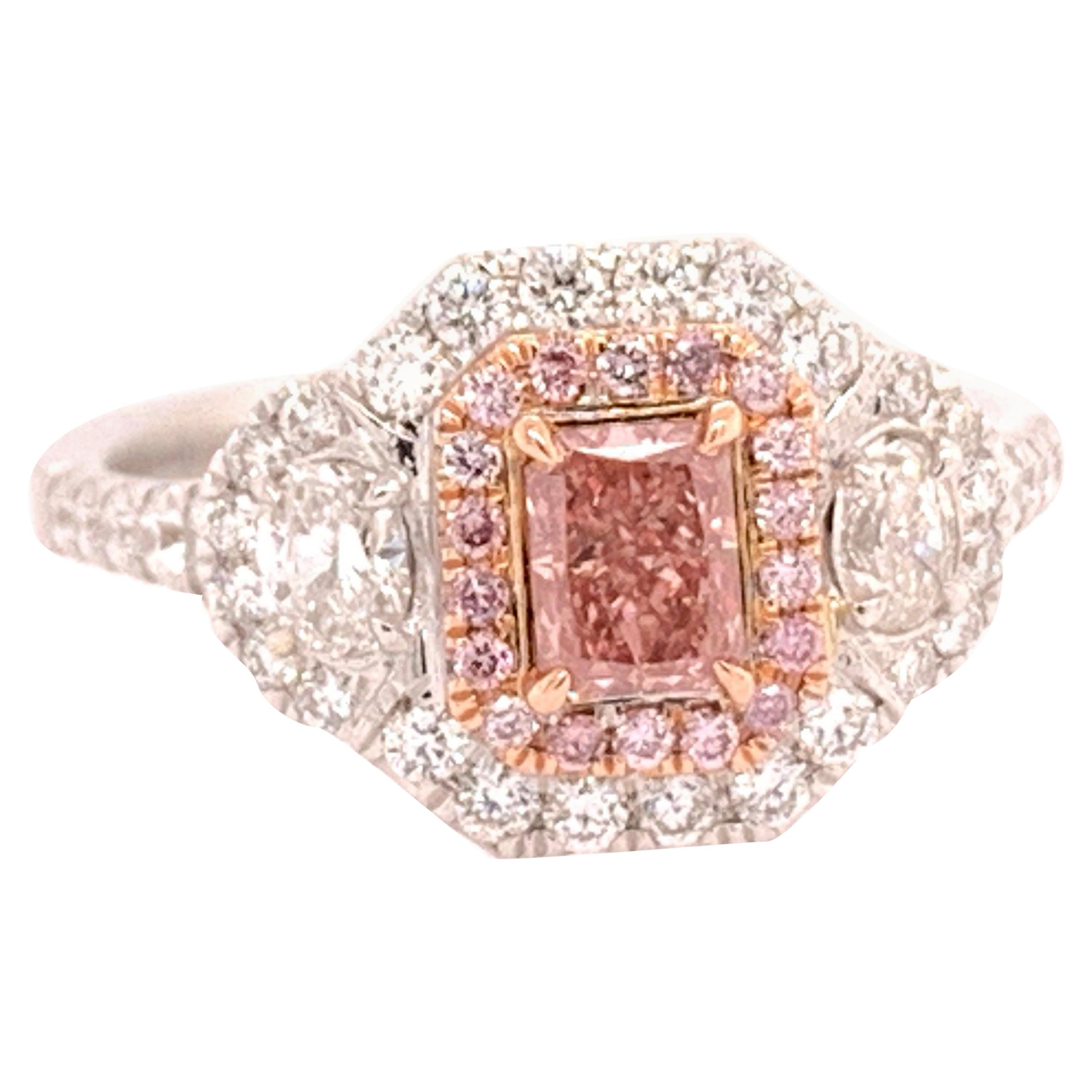 Radiant Cut 0.40 Carat GIA Natural Fancy Orangy Pink Diamond Cocktail Ring