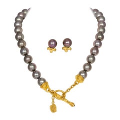 Denise Roberge 22 Karat Gold and Black South Sea Pearl Necklace and Earring Set