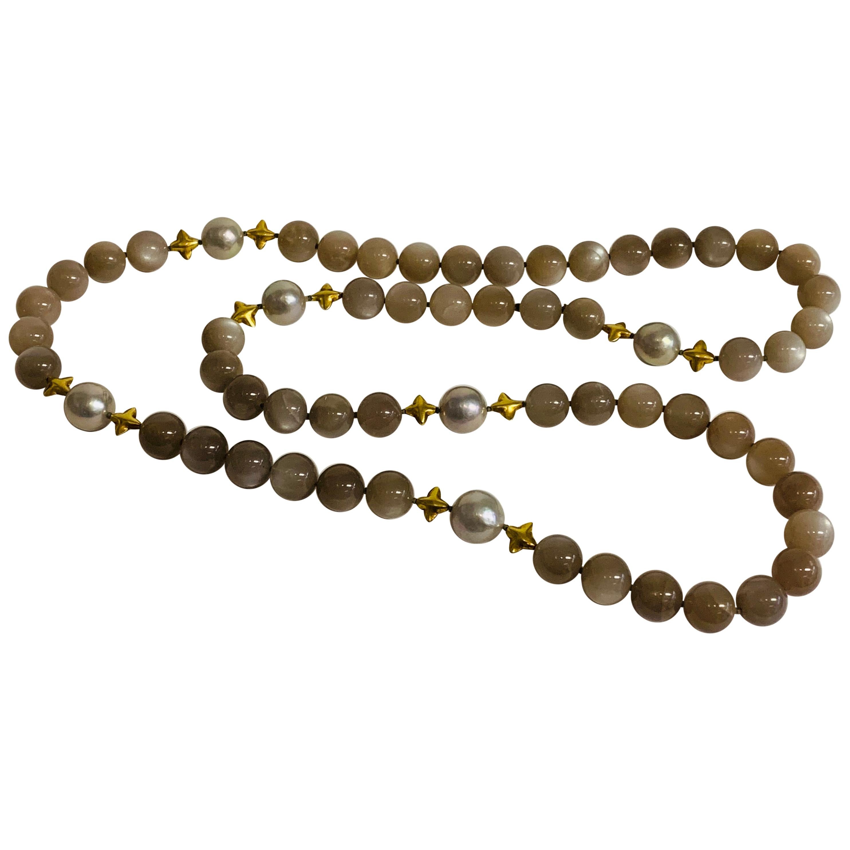 Altfield Grey Moonstone, Pearl and Gold Long Necklace