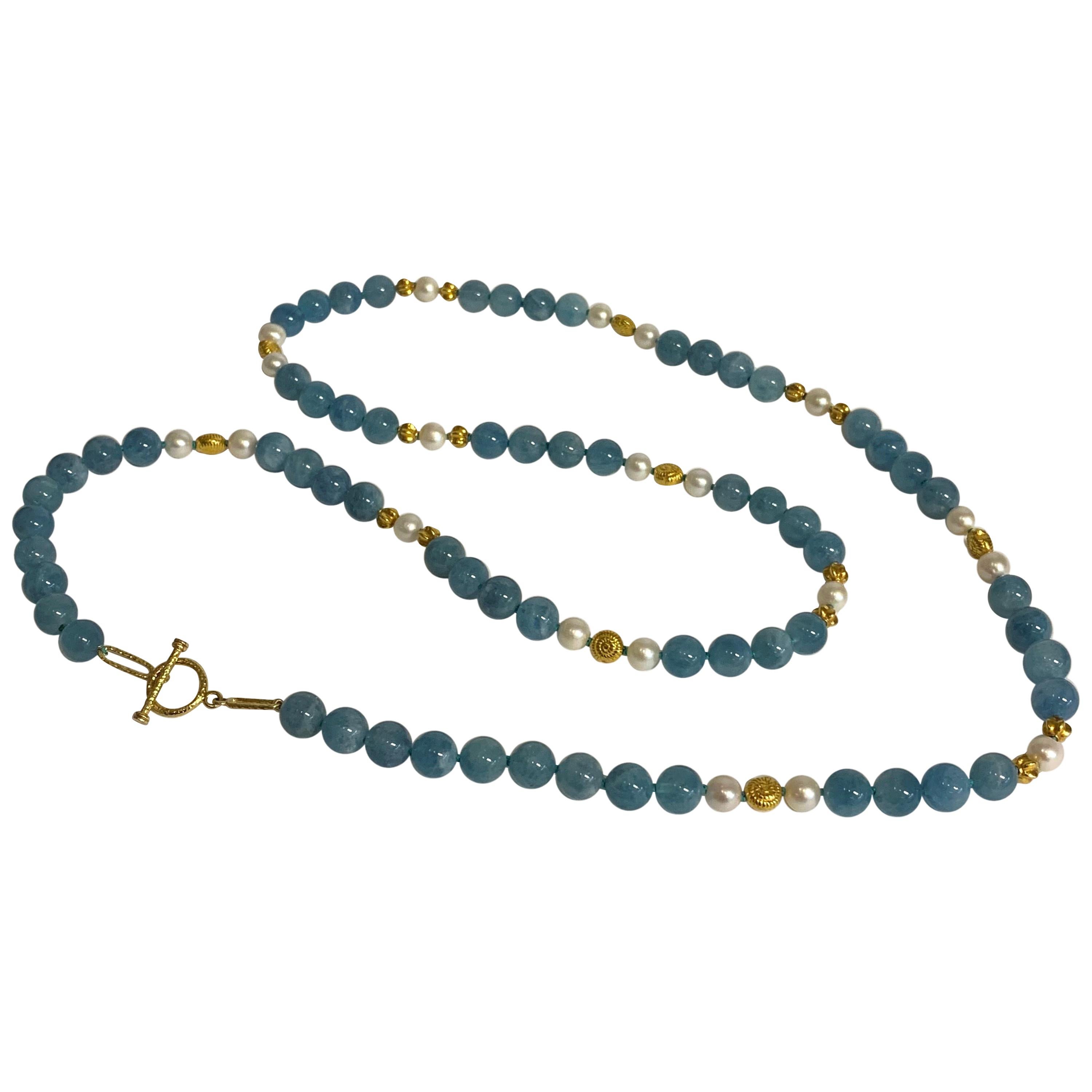 Altfield Halskette aus Aquamarin, Perle und Gold im Angebot