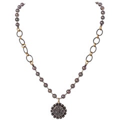 Ilkan Coin & Diamond Pendant Necklace w Akoya Pearls on Two Tone Silver Chain