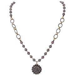 Ilkan Coin & Diamond Pendant Necklace w Akoya Pearls on Two Tone Silver Chain 