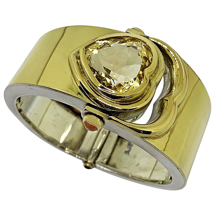 Bangle in Contemporary Art Design Silver and Gold 18 Karat Whit a Citrin Heart