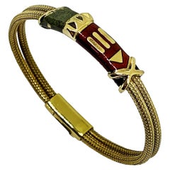 Flexible Texture Bracelet in 18 Karat Yellow Gold Red and Green Enameled