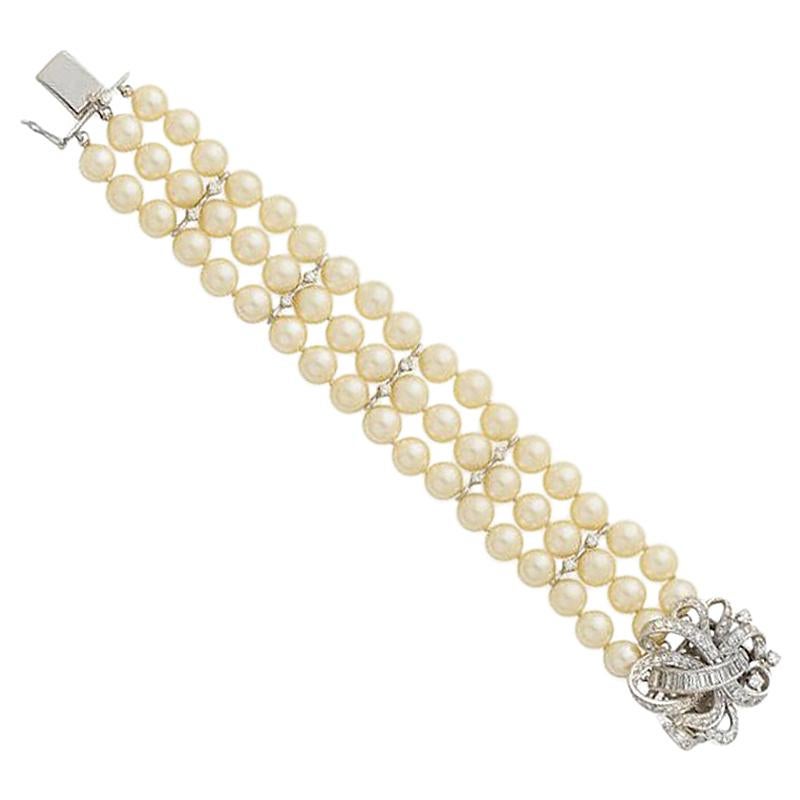 Estate Cultured Pearl Diamond Platinum Bracelet