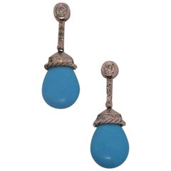 18 Karat White Gold, Natural Turquoise, and Diamond ‘0.79 Carat’ Earrings