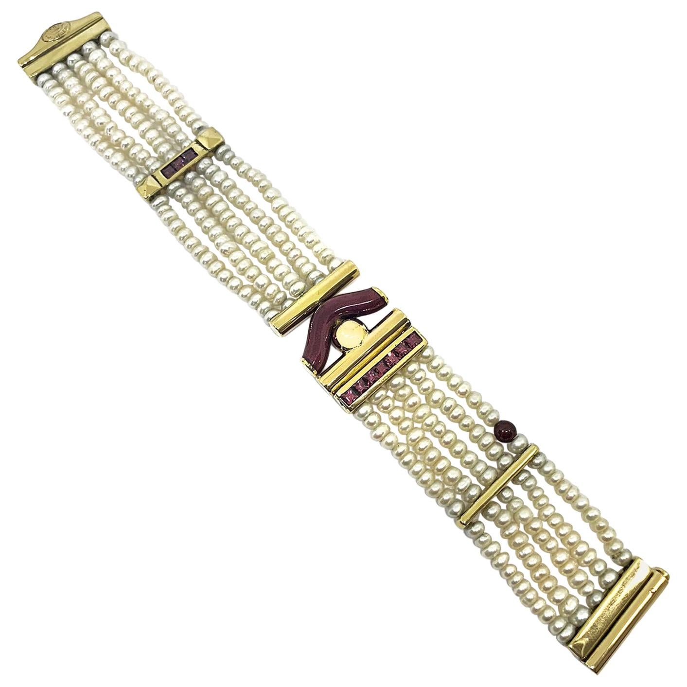 La Nouvelle Bague Japanese Pearl Bracelet 18 Karat Gold and Red Enameled