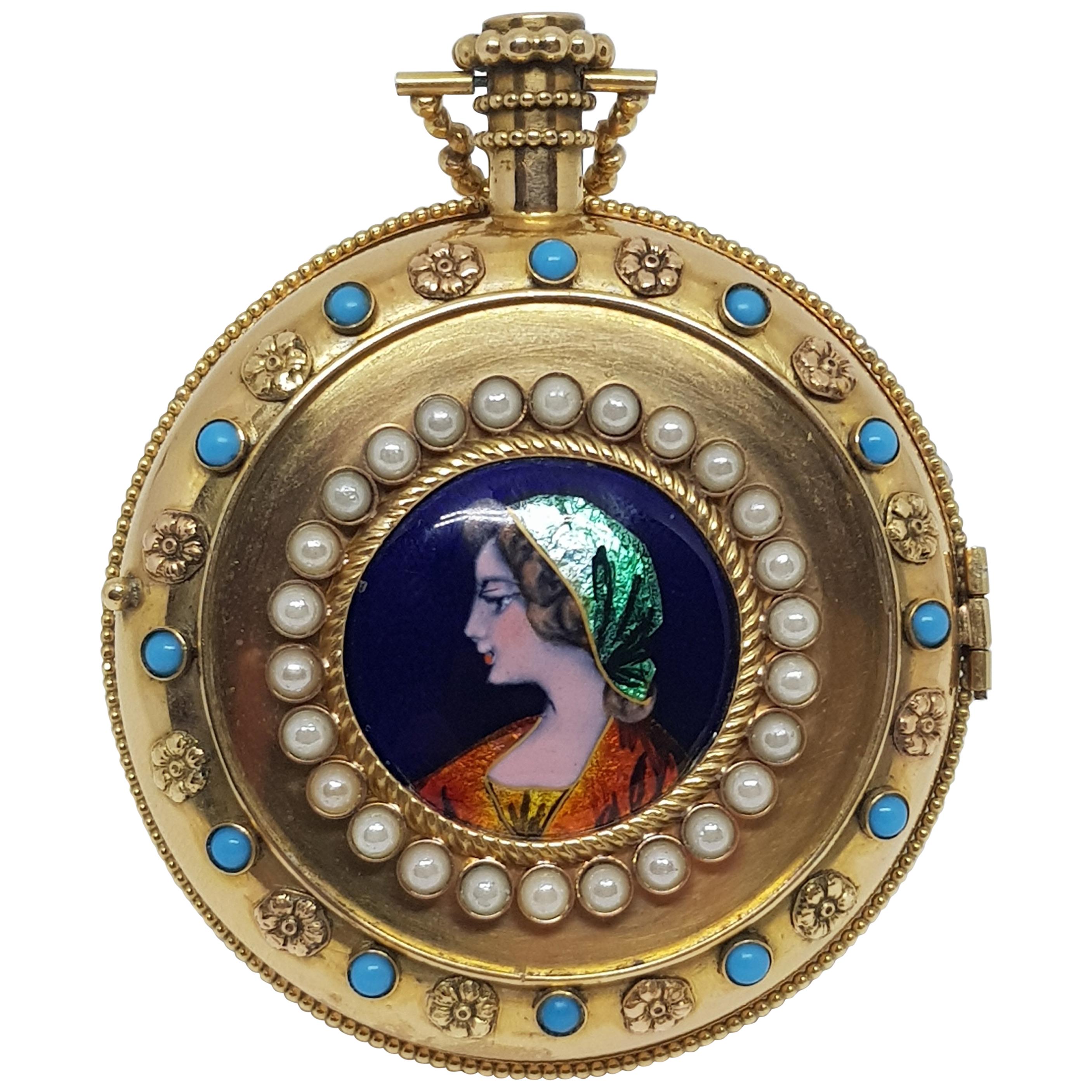 Colladon A. Geneve Antique Turquoise Baby Pearls Enamel Gold Pocket Watch For Sale