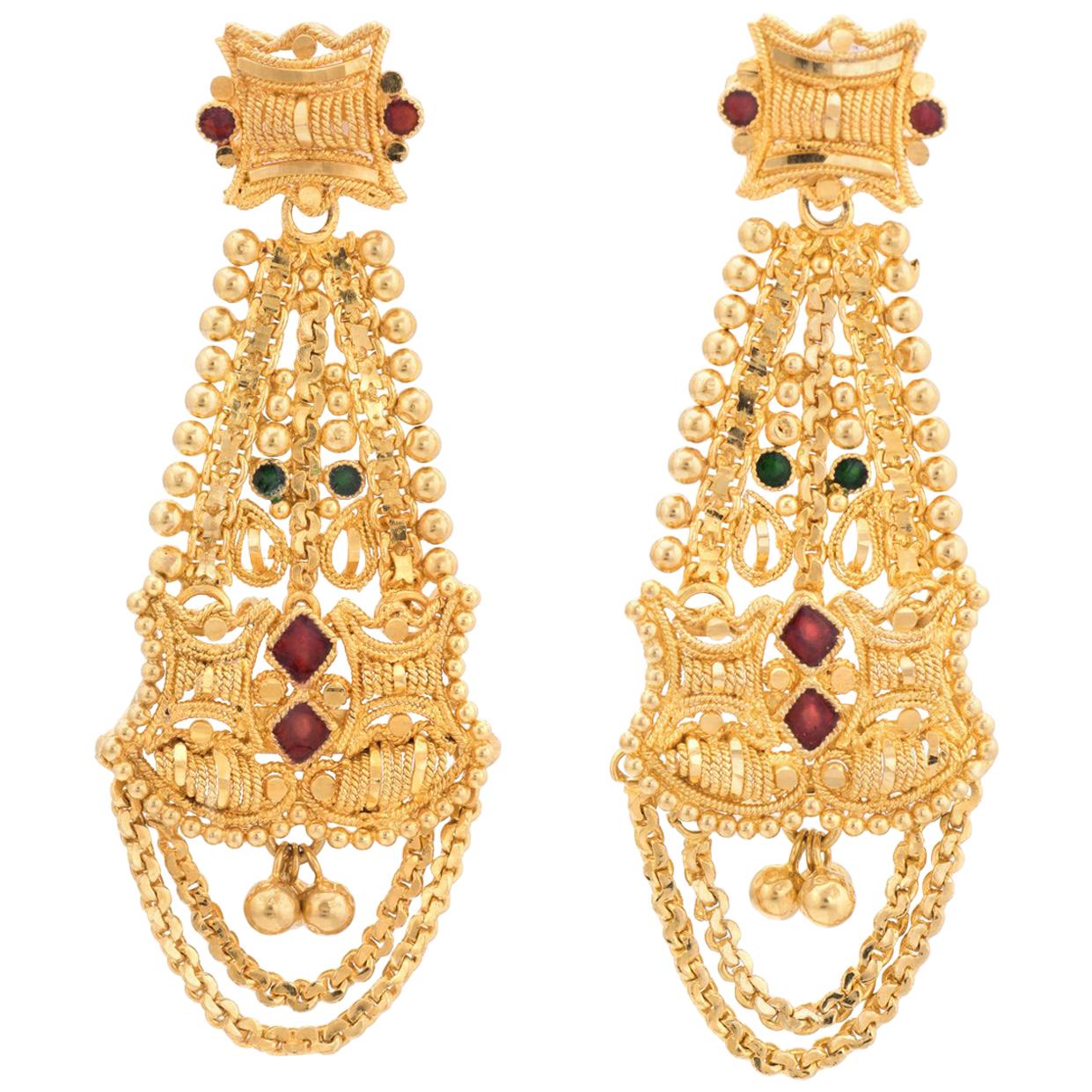 Vintage Enamel Earrings 22 Karat Gold High Karat Dangle Drop Ornate Textured