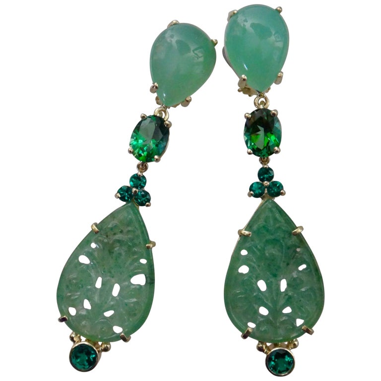 Michael Kneebone Chrysoprase Green Topaz Diopside Jadeite Dangle Earrings at 1stDibs