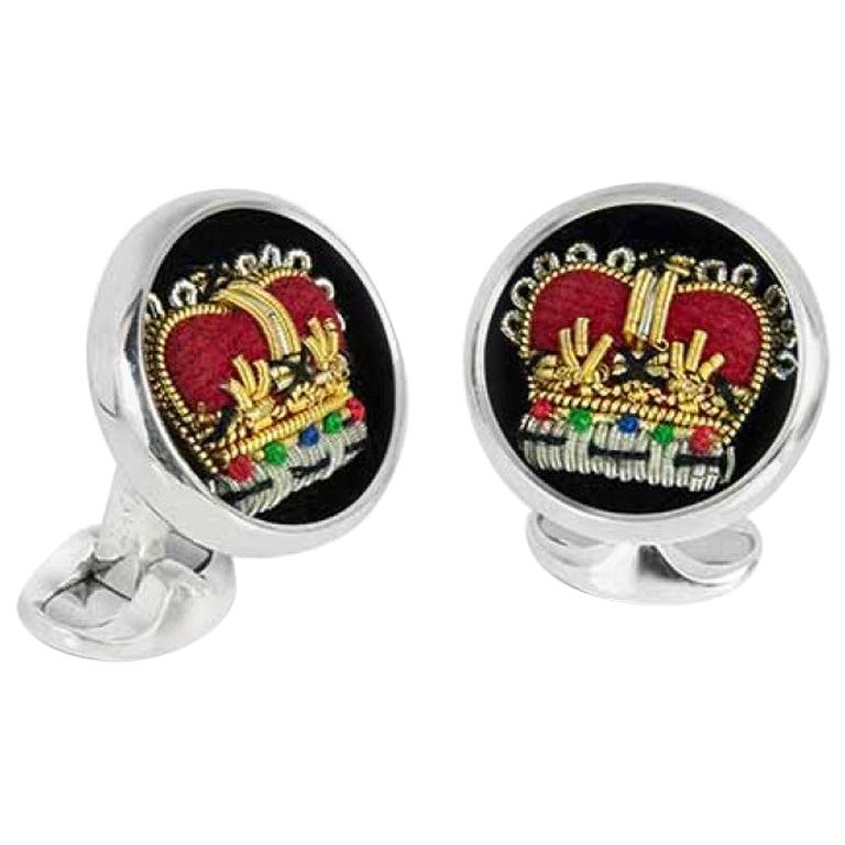 Deakin & Francis Sterling Silver Embroidered Crown Cufflinks 1