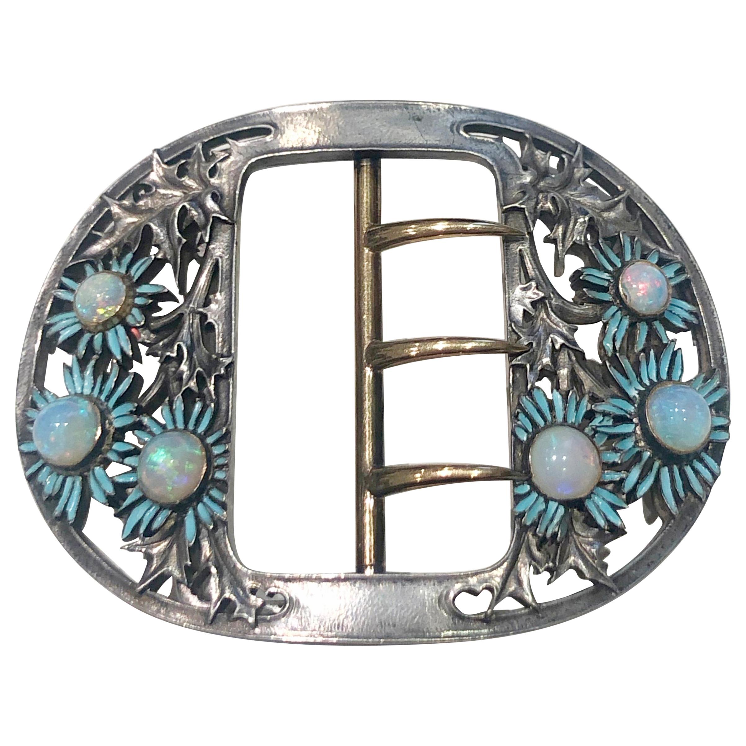 Rene Lalique Blue Daisies Buckle Silver Yellow Gold Enamel Opals, circa 1890 For Sale