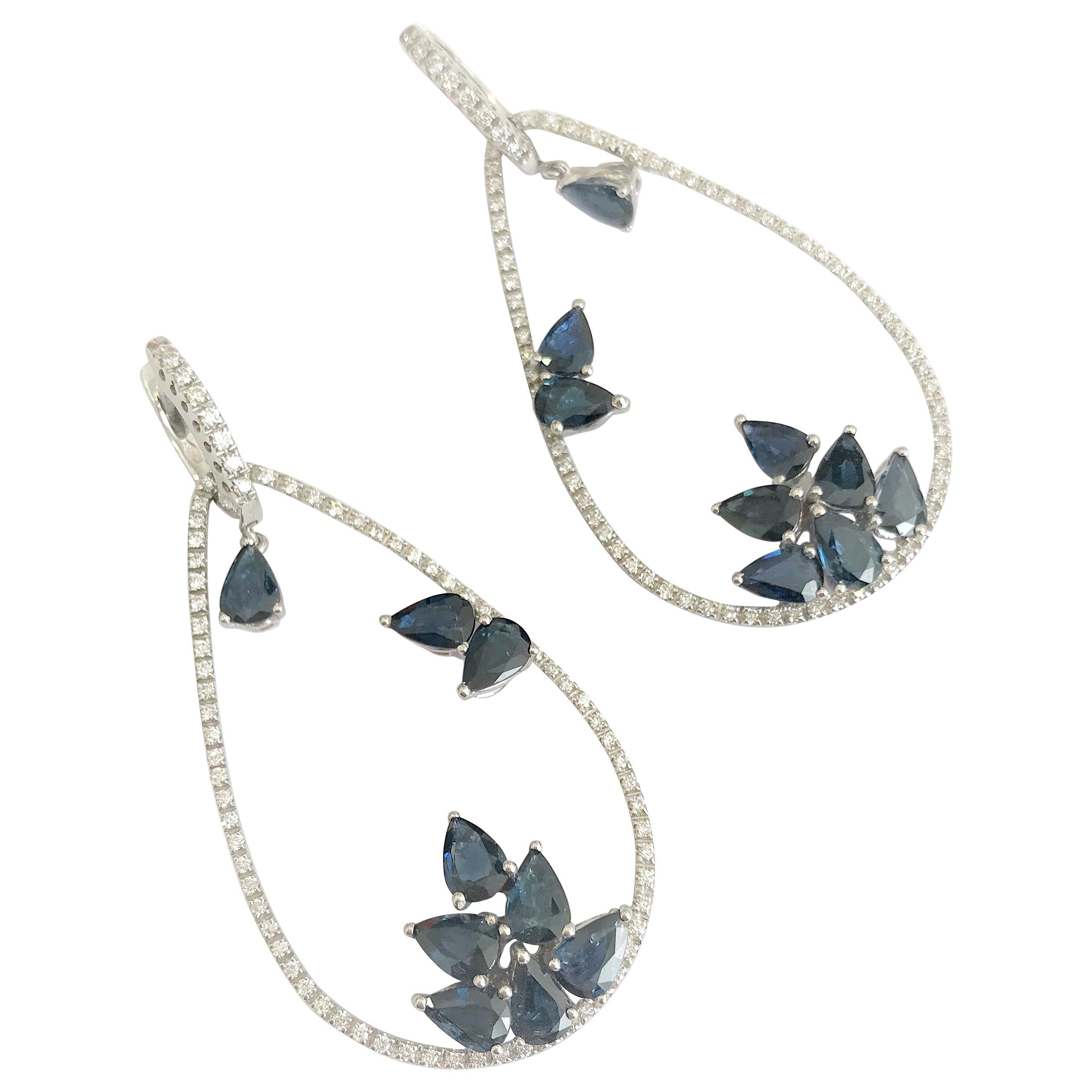 7.15 Carat Drop Sapphire 0.84 Carat Diamond 18 Karat White Gold Drop Earrings For Sale