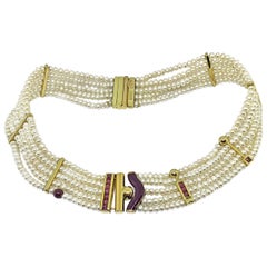 Halskette der Nouvelle Bague aus japanischen Perlen aus 18 Karat Gold und rosa Schildpatt