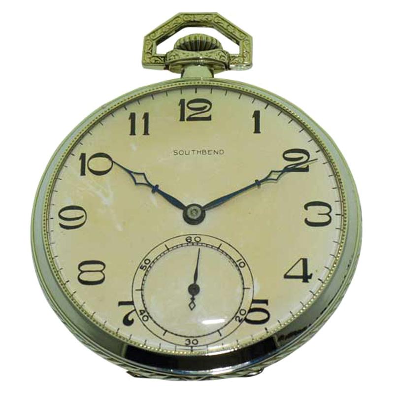 South Bend White GF Art Deco 21 Jewel Pocket Watch with Original Dial circa 1910