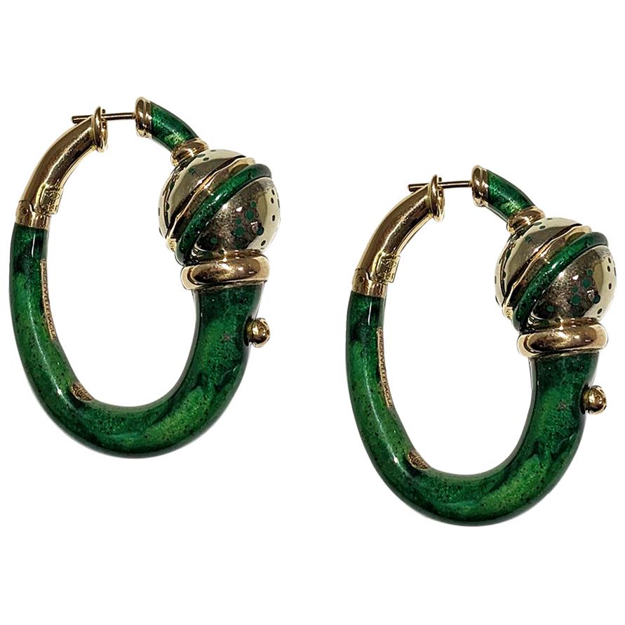 Yellow 18 Karat Gold and Green Enameled Earrings