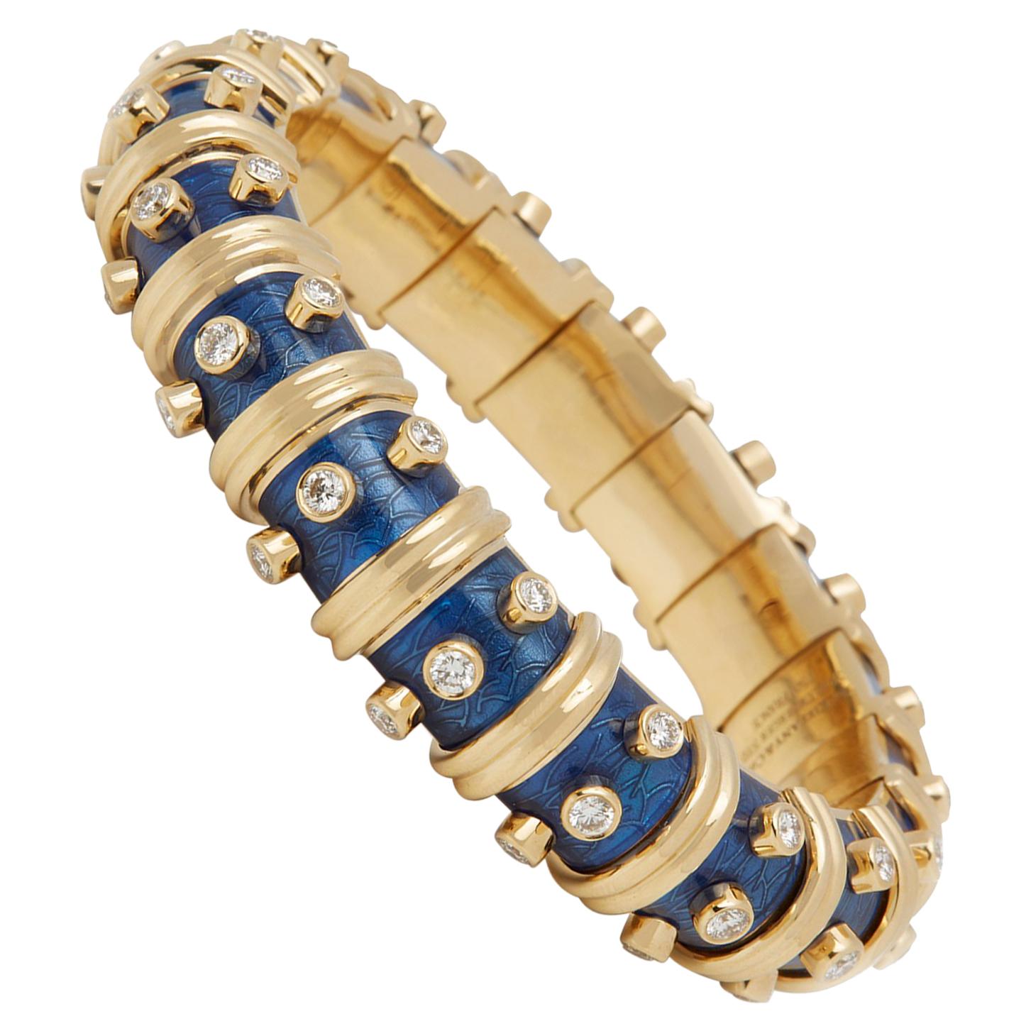 Tiffany & Co. 18 Karat Yellow Gold Diamond and Blue Enamel Schlumberger Bracelet