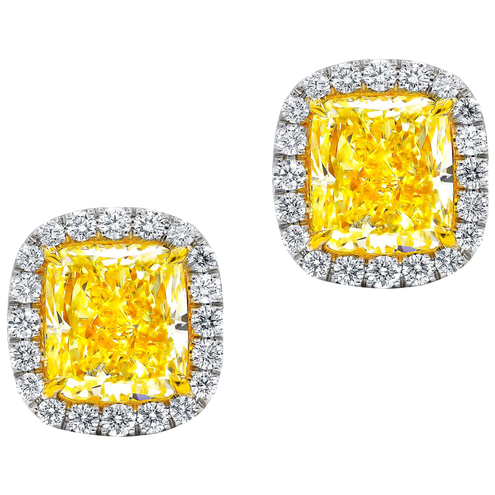 GIA Certified 2.10 Carat Fancy Yellow Diamond Stud Earrings