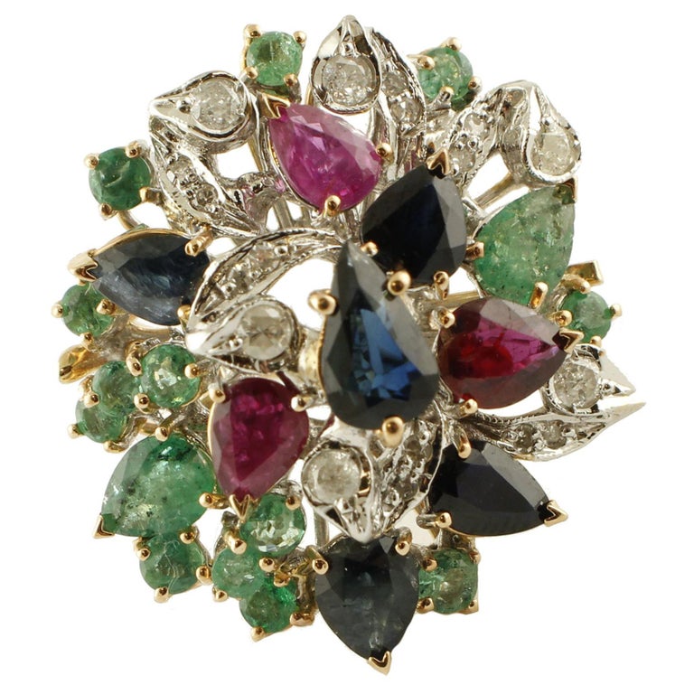 Diamonds Blue Sapphires Rubies Emeralds Rose Gold Cocktail Ring at 1stDibs