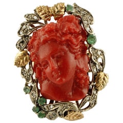 Engraved Red Stone Diamonds Emeralds Rose Gold and Silver Cocktail Ring
