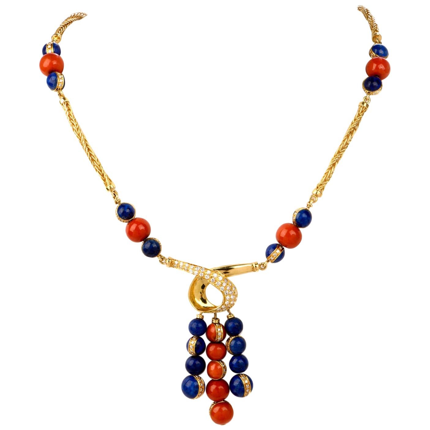 1980's Diamond Coral Lapis Bead Yellow Gold Statement Necklace