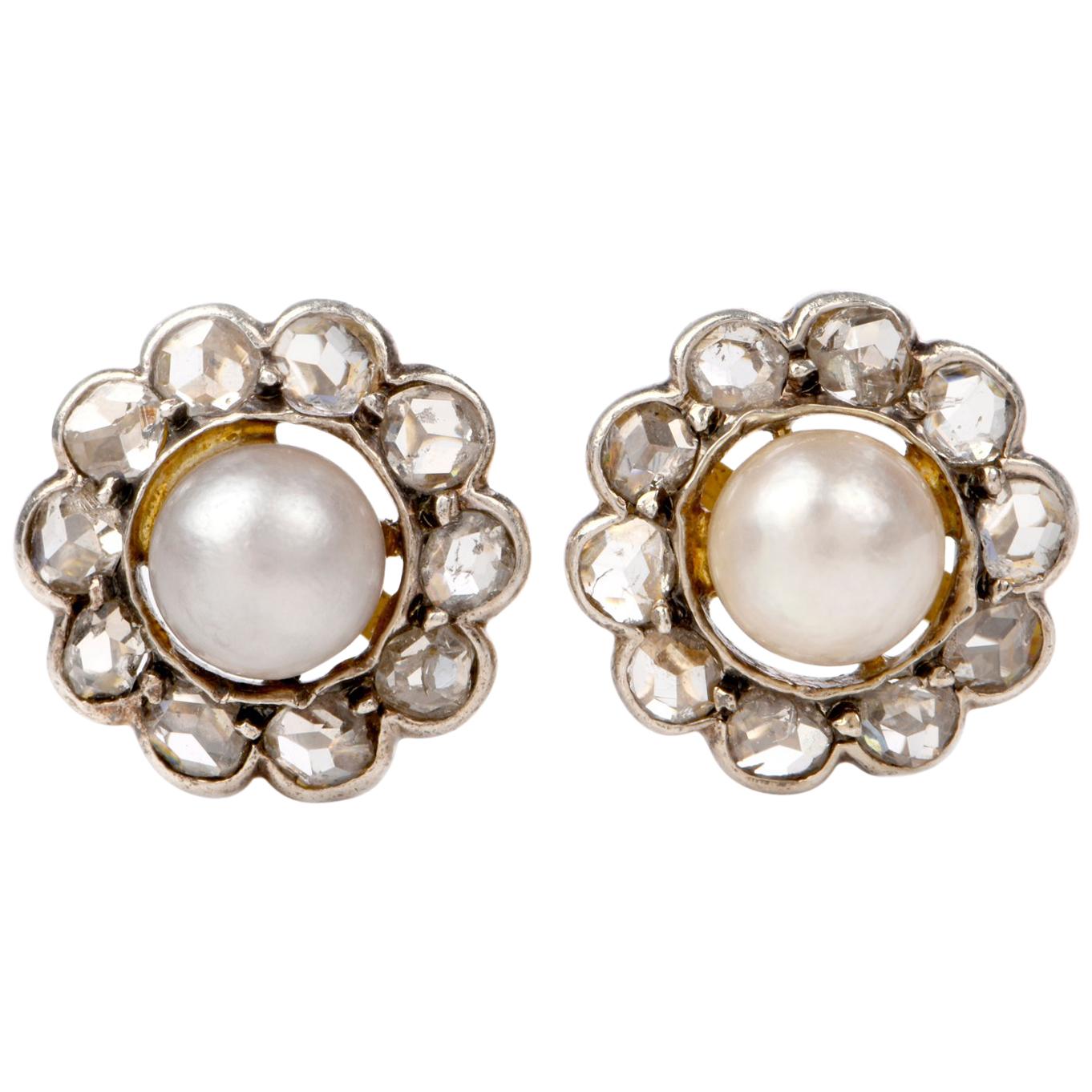 Antique Flower Pearl Diamond Gold Stud Earrings