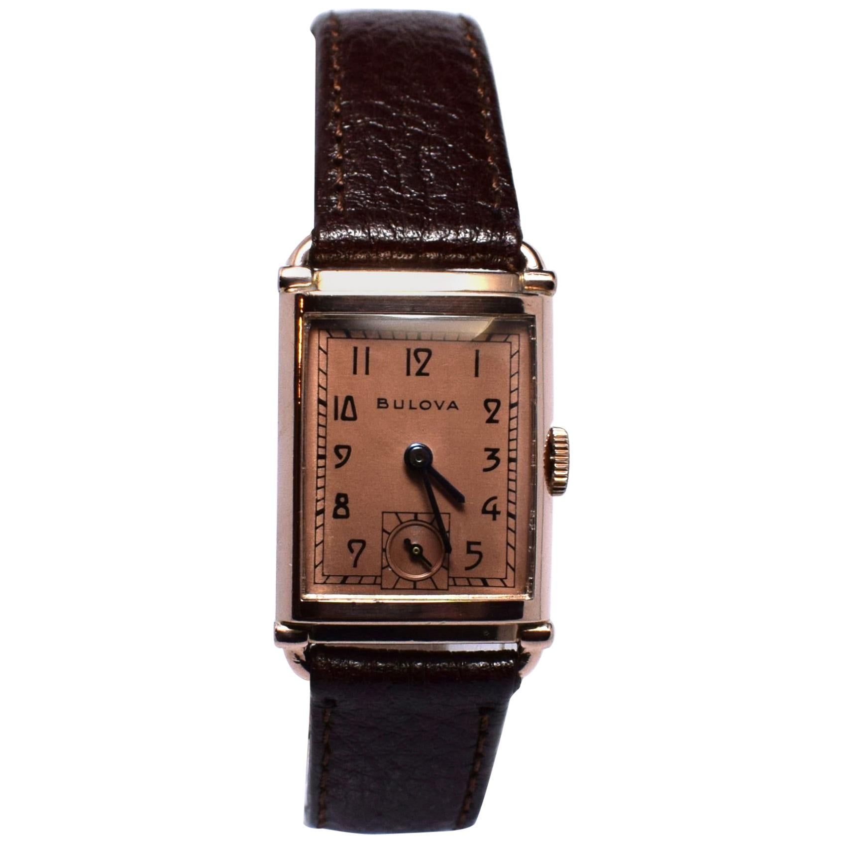 Art Deco Bulova WW2 14 Karat Gold, 21 Jewels, Gents Wrist Watch, Newly Serviced