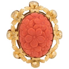 Vintage Carved Coral Ring Flowers 14 Karat Yellow Gold Cocktail Jewelry Estate