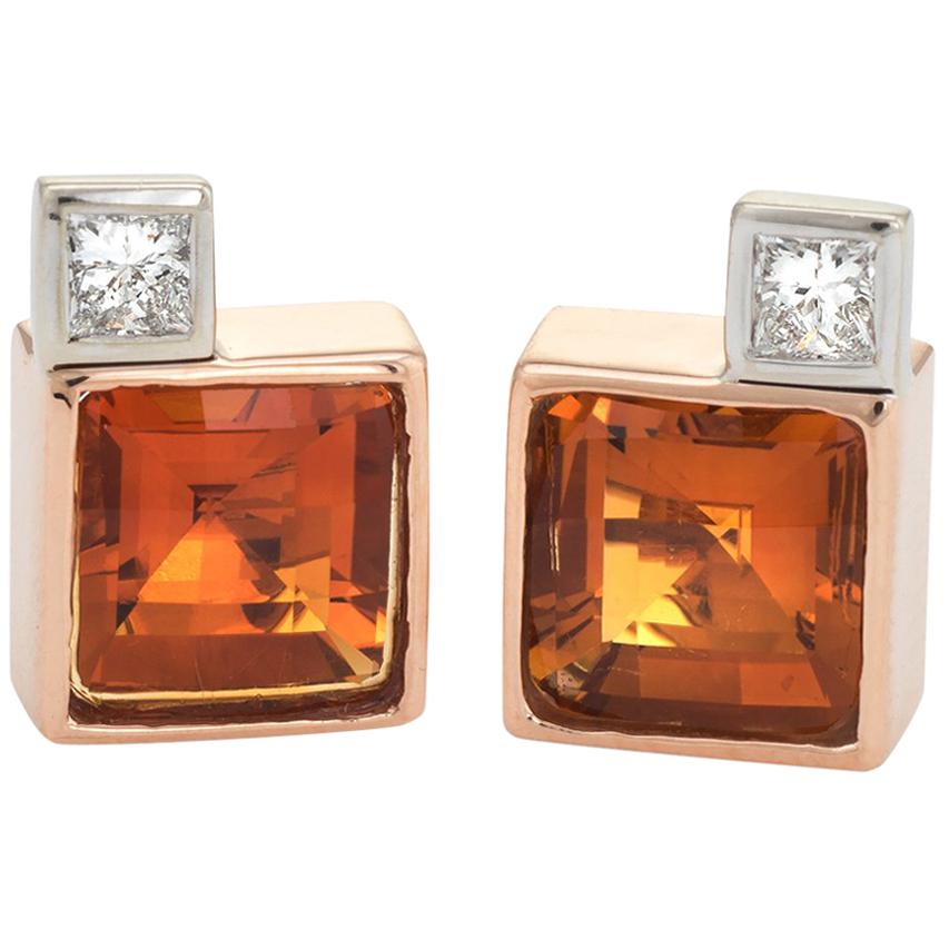 Vintage Citrine Diamond Square Stud Earrings 18 Karat Gold Estate Fine Jewelry