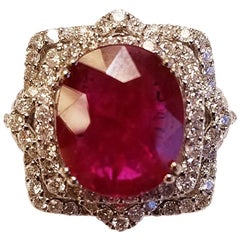18 Karat White Gold Emerald Cut Ruby and Diamond Ring